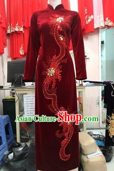 Traditional Top Grade Asian Vietnamese Costumes Classical Manual Embroider Bead Full Dress, Vietnam National Ao Dai Dress Catwalks Debutante Qipao for Women