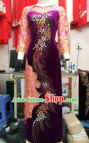 Traditional Top Grade Asian Vietnamese Costumes Classical Lace Full Dress, Vietnam National Ao Dai Dress Catwalks Debutante Wine Red Pleuche Qipao for Women