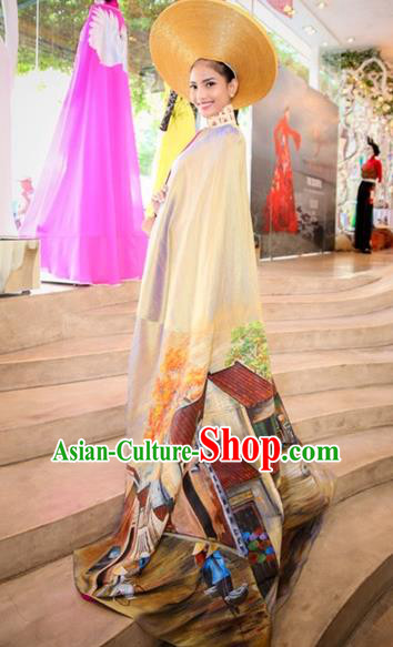 Traditional Top Grade Asian Vietnamese Costumes Classical Wedding Bride Full Dress with Cloak, Vietnam National Ao Dai Dress Catwalks Debutante Qipao for Women