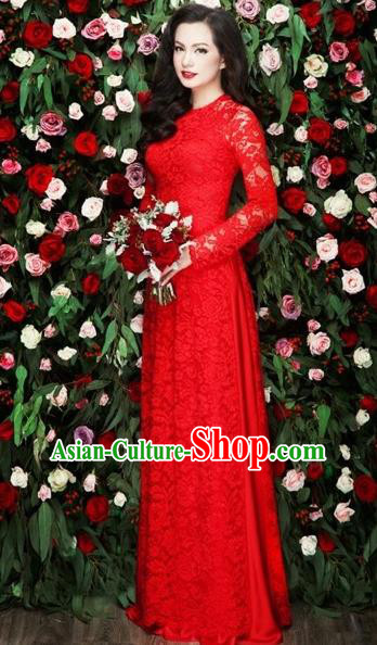 Traditional Top Grade Asian Vietnamese Costumes Classical Bride Toast Full Dress, Vietnam National Ao Dai Dress Red Lace Cheongsam for Women