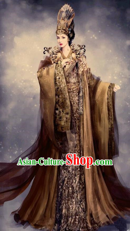 Traditional Chinese Ancient Shang Dynasty Imperial Queen Tailing Embroidered Costume, China Mythology Television Zhao Ge Ancient Palace Empress Clothing and Headpiece Complete Set for Women