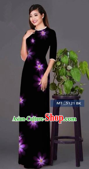 Traditional Top Grade Asian Vietnamese Costumes Classical Princess Full Dress, Vietnam National Ao Dai Dress Black Cheongsam for Women