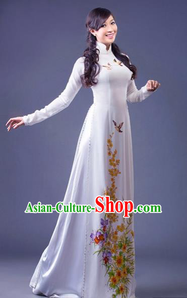 Traditional Top Grade Asian Vietnamese Costumes Classical Princess Printing Butterfly Full Dress, Vietnam National Ao Dai Dress White Cheongsam for Women