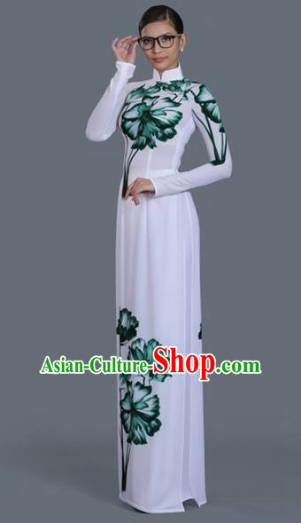 Traditional Top Grade Asian Vietnamese Costumes Classical Princess Printing Full Dress, Vietnam National Ao Dai Dress White Cheongsam for Women