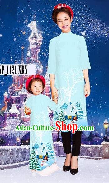 Traditional Top Grade Asian Vietnamese Costumes Classical Printing Christmas Blue Full Dress, Vietnam National Ao Dai Dress Mother-daughter Cheongsam for Women for Kids