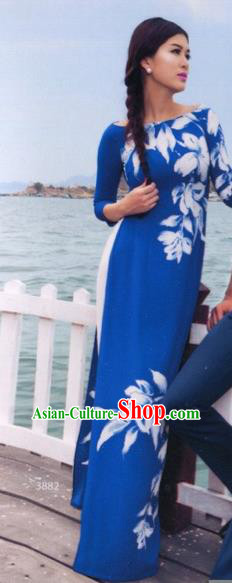 Traditional Top Grade Asian Vietnamese Costumes Classical Princess Painting Full Dress, Vietnam National Ao Dai Dress Blue Cheongsam for Women