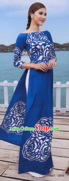 Traditional Top Grade Asian Vietnamese Costumes Classical Princess Painting Full Dress, Vietnam National Ao Dai Dress Blue Cheongsam for Women