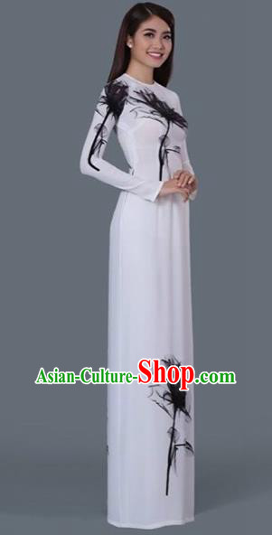 Traditional Top Grade Asian Vietnamese Costumes Classical Princess Ink Painting Full Dress, Vietnam National Ao Dai Dress White Cheongsam for Women