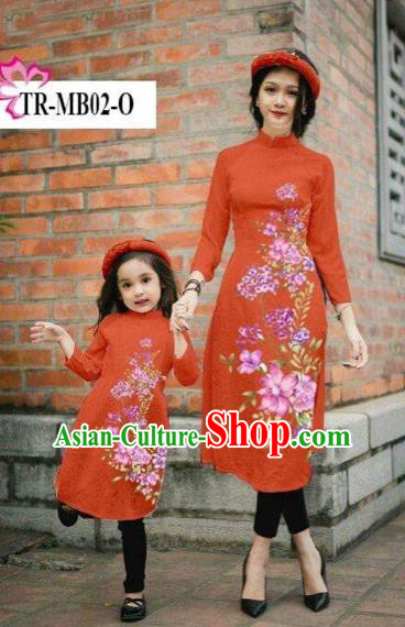 Traditional Top Grade Asian Vietnamese Costumes Classical Printing Cheongsam, Vietnam National Ao Dai Dress Parent-child Orange Full Dress for Women for Kids