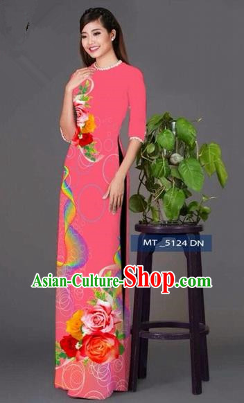 Traditional Top Grade Asian Vietnamese Costumes Classical Princess Printing Cheongsam, Vietnam National Ao Dai Dress Pink Full Dress for Women