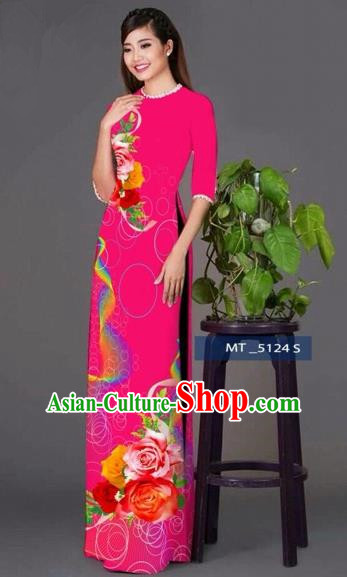 Traditional Top Grade Asian Vietnamese Costumes Classical Princess Printing Cheongsam, Vietnam National Ao Dai Dress Rosy Full Dress for Women