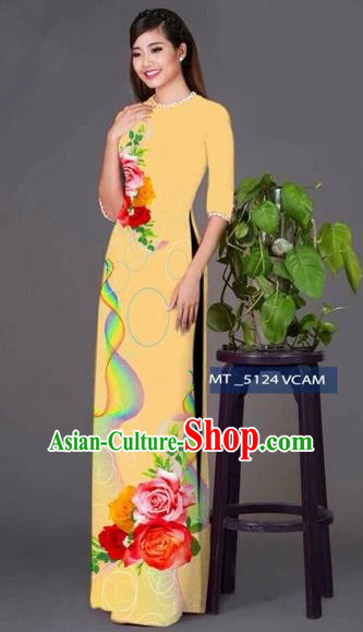 Traditional Top Grade Asian Vietnamese Costumes Classical Princess Printing Cheongsam, Vietnam National Ao Dai Dress Khaki Full Dress for Women