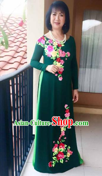 Traditional Top Grade Asian Vietnamese Costumes Classical Embroidery Flowers Cheongsam, Vietnam National Ao Dai Dress Green Full Dress for Women