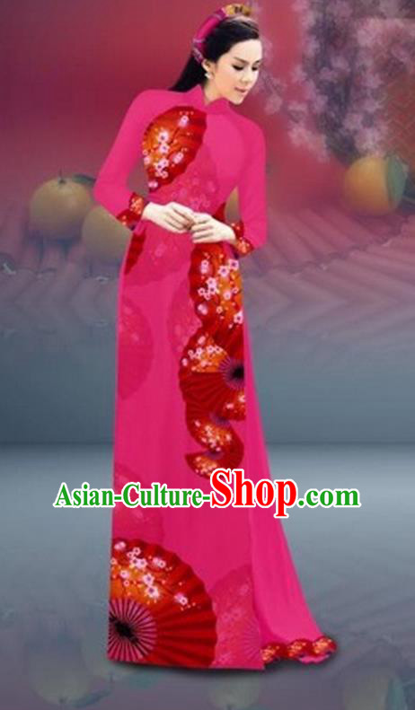 Traditional Top Grade Asian Vietnamese Costumes Classical New Year Printing Cheongsam, Vietnam National Rosy Ao Dai Dress for Women
