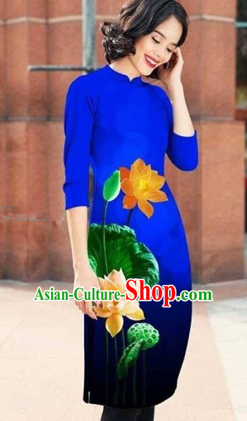 Traditional Top Grade Asian Vietnamese Costumes Classical Printing Lotus Cheongsam, Vietnam National Royalblue Short Ao Dai Dress for Women