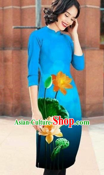 Traditional Top Grade Asian Vietnamese Costumes Classical Printing Lotus Cheongsam, Vietnam National Blue Short Ao Dai Dress for Women