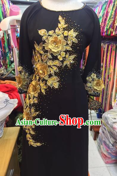 Traditional Top Grade Asian Vietnamese Costumes Classical Wedding Bride Beading Cheongsam, Vietnam National Black Ao Dai Dress for Women