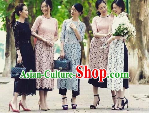 Traditional Top Grade Asian Vietnamese Costumes Classical Wedding Bride Lace Cheongsam, Vietnam National Ao Dai Dress for Women