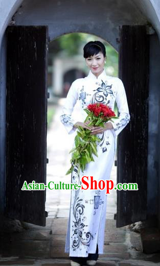 Traditional Top Grade Asian Vietnamese Costumes Classical Wedding Bride Printing Cheongsam, Vietnam National White Ao Dai Dress for Women