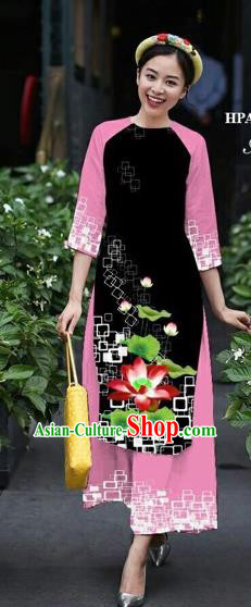 Traditional Top Grade Asian Vietnamese Costumes Classical Catwalks Printing Lotus Cheongsam, Vietnam National Black Ao Dai Dress for Women