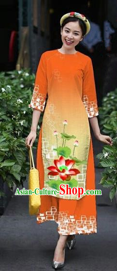 Traditional Top Grade Asian Vietnamese Costumes Classical Catwalks Printing Lotus Cheongsam, Vietnam National Orange Ao Dai Dress for Women