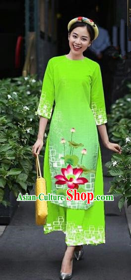 Traditional Top Grade Asian Vietnamese Costumes Classical Catwalks Printing Lotus Cheongsam, Vietnam National Green Ao Dai Dress for Women