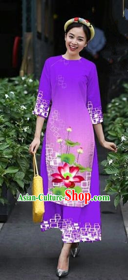 Traditional Top Grade Asian Vietnamese Costumes Classical Catwalks Printing Lotus Cheongsam, Vietnam National Purple Ao Dai Dress for Women