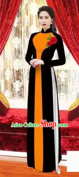 Traditional Top Grade Asian Vietnamese Costumes Classical Wedding Bride Toast Cheongsam, Vietnam National Princess Matching Black Ao Dai Dress for Women