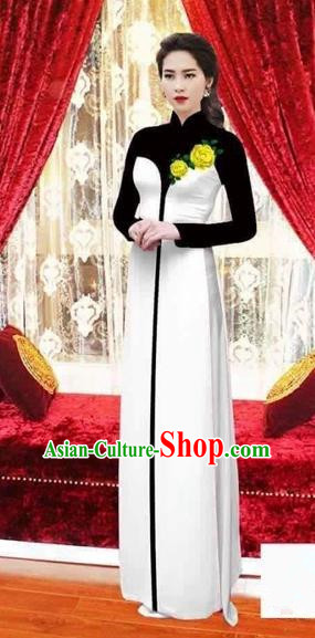 Traditional Top Grade Asian Vietnamese Costumes Classical Wedding Bride Toast Cheongsam, Vietnam National Princess Matching White Printing  Ao Dai Dress for Women