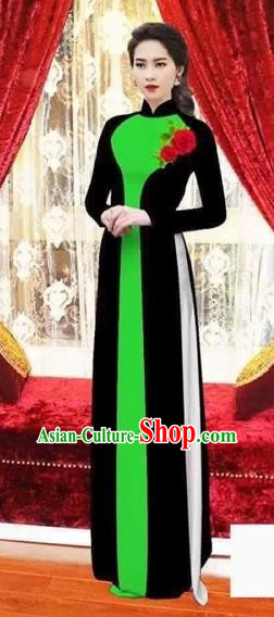 Traditional Top Grade Asian Vietnamese Costumes Classical Wedding Bride Toast Cheongsam, Vietnam National Princess Matching Black Printing  Ao Dai Dress for Women