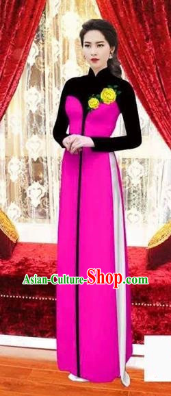 Traditional Top Grade Asian Vietnamese Costumes Classical Wedding Bride Toast Cheongsam, Vietnam National Princess Matching Rosy Printing Ao Dai Dress for Women