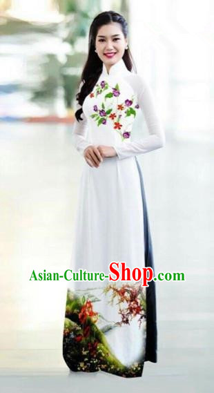 Traditional Top Grade Asian Vietnamese Costumes Classical Printing Bride Toast Cheongsam, Vietnam National Princess White Ao Dai Dress for Women