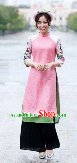 Traditional Top Grade Asian Vietnamese Costumes Classical Bride Toast Cheongsam, Vietnam National Pink Ao Dai Dress for Women