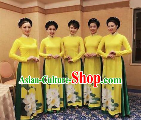 Traditional Top Grade Asian Vietnamese Costumes Classical Bridesmaid Wedding Cheongsam, Vietnam National Yellow Printing Ao Dai Dress for Women