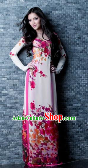 Traditional Top Grade Asian Vietnamese Costumes Classical Catwalks Printing Princess Cheongsam, Vietnam National Ao Dai Dress for Women