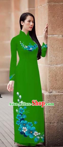 Traditional Top Grade Asian Vietnamese Costumes Classical Princess Printing Flowers Cheongsam, Vietnam National Ao Dai Dress Green Full Dress for Women