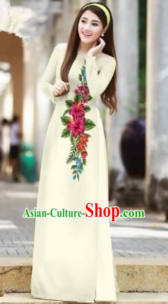 Traditional Top Grade Asian Vietnamese Costumes Classical Printing Cheongsam, Vietnam National Ao Dai Dress Beauty Contest White Full Dress for Women