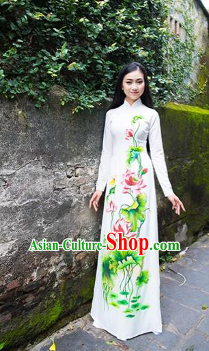 Traditional Top Grade Asian Vietnamese Costumes Classical Printing Lotus Cheongsam, Vietnam National Ao Dai Dress Princess White Full Dress for Women