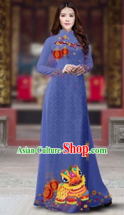 Traditional Top Grade Asian Vietnamese Costumes Classical Printing New Year Cheongsam, Vietnam National Ao Dai Dress Princess Dusty Blue Full Dress for Women