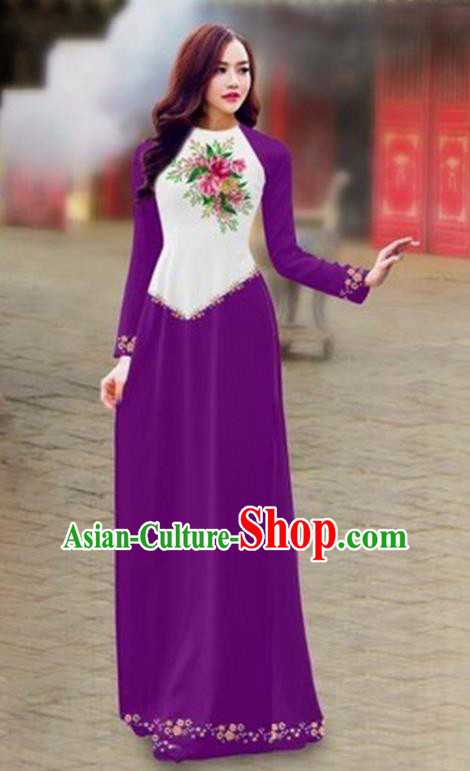 Traditional Top Grade Asian Vietnamese Costumes Classical Color Matching Cheongsam, Vietnam National Ao Dai Dress Printing Purple Full Dress for Women