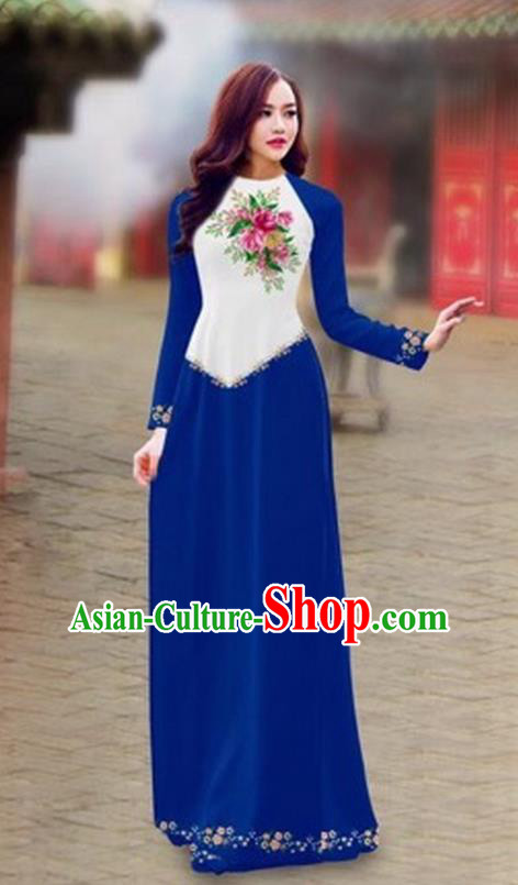 Traditional Top Grade Asian Vietnamese Costumes Classical Color Matching Cheongsam, Vietnam National Ao Dai Dress Printing Royalblue Full Dress for Women