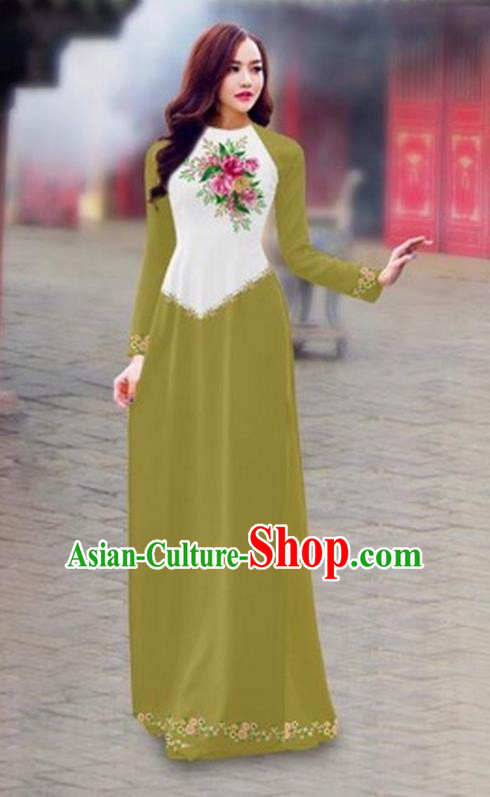 Traditional Top Grade Asian Vietnamese Costumes Classical Color Matching Cheongsam, Vietnam National Ao Dai Dress Printing Grass Green Full Dress for Women