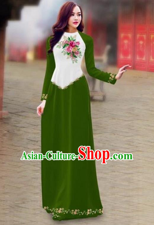 Traditional Top Grade Asian Vietnamese Costumes Classical Color Matching Cheongsam, Vietnam National Ao Dai Dress Printing Green Full Dress for Women