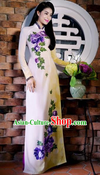 Traditional Top Grade Asian Vietnamese Costumes Classical Printing Peony Cheongsam, Vietnam National Ao Dai Dress Full Dress for Women