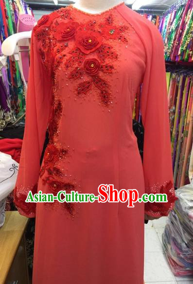 Traditional Top Grade Asian Vietnamese Costumes Classical Bride Wedding Embroidery Cheongsam, Vietnam National Red Ao Dai Dress for Women