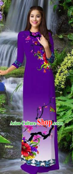 Traditional Top Grade Asian Vietnamese Costumes Classical Purple Cheongsam, Vietnam National Printing Ao Dai Dress for Women