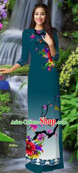 Traditional Top Grade Asian Vietnamese Costumes Classical Peacock Blue Cheongsam, Vietnam National Printing Ao Dai Dress for Women