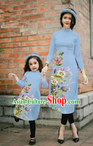Traditional Top Grade Asian Vietnamese Costumes Classical Printing Daisy Flowers Dusty Blue Cheongsam, Vietnam National Mother-daughter Ao Dai Dress for Women for Kids