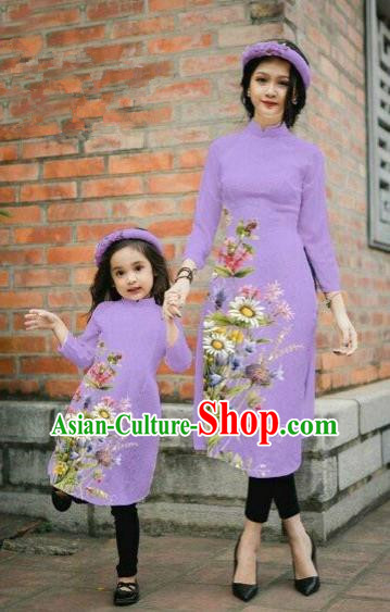 Traditional Top Grade Asian Vietnamese Costumes Classical Printing Daisy Flowers Purple Cheongsam, Vietnam National Mother-daughter Ao Dai Dress for Women for Kids