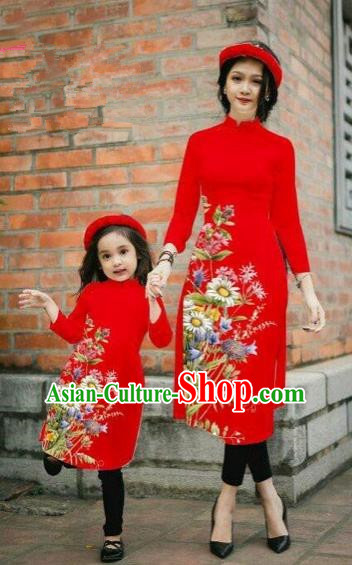 Traditional Top Grade Asian Vietnamese Costumes Classical Printing Daisy Flowers Red Cheongsam, Vietnam National Mother-daughter Ao Dai Dress for Women for Kids